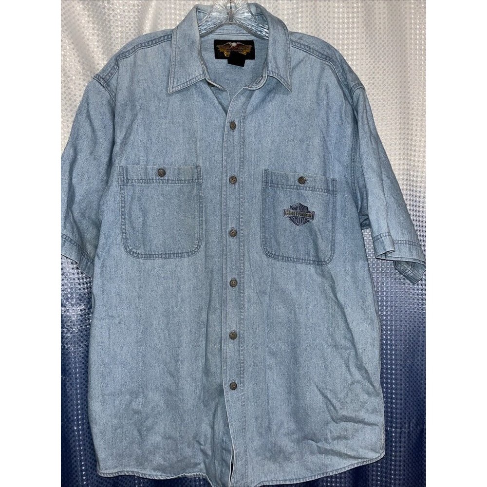 Harley Davidson Denim Shirt Mens Large Embroidered Button Up Logo Light Wash